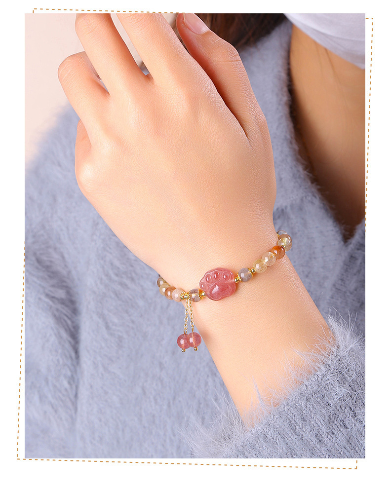 Natural Crystal Cat Paw Bracelet For Girls Cute Tassel Accessories Strawberry Crystal Hair Jewelry Crystal Animal Pattern Jewelry