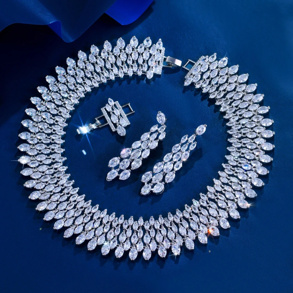 Rhodium Plated Copper Water Plated Zircon Geometric Pattern (Jewelry) Waterproof Non-Fading Wide Thick Women Bride Gorgeous Necklace Earrings Set For Women Wedding Season