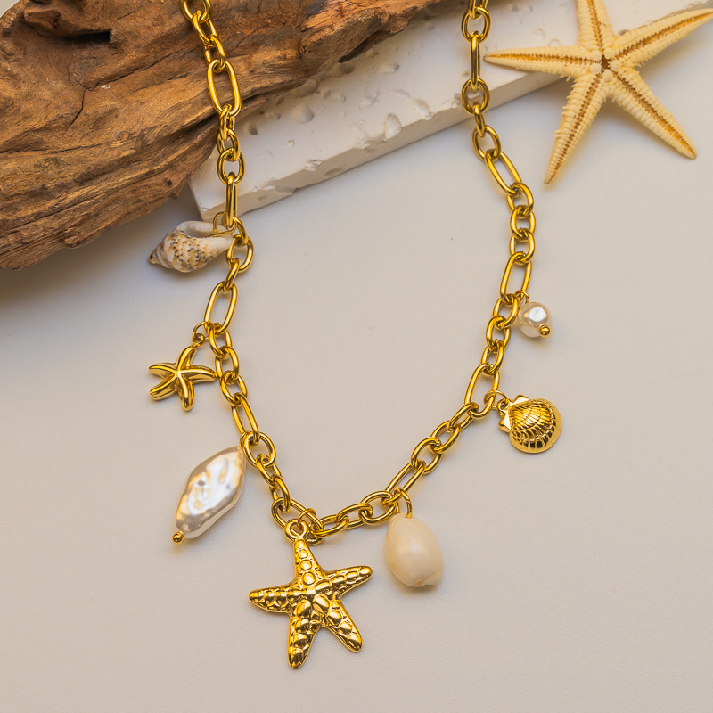 Fashion 304 Stainless Steel Shell Starfish Conch Necklace For Women Vacation Beach Ocean Style Coconut Tree Titanium Steel Jewelry Accessories