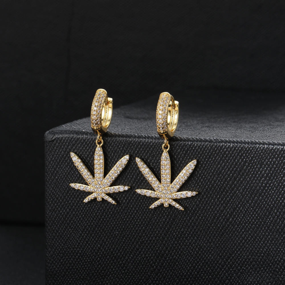 Leaf Shaped Zirconia Stud Earrings Hip Hop Personality Copper Jewelry For Men And Women  Style Fashion Accessories