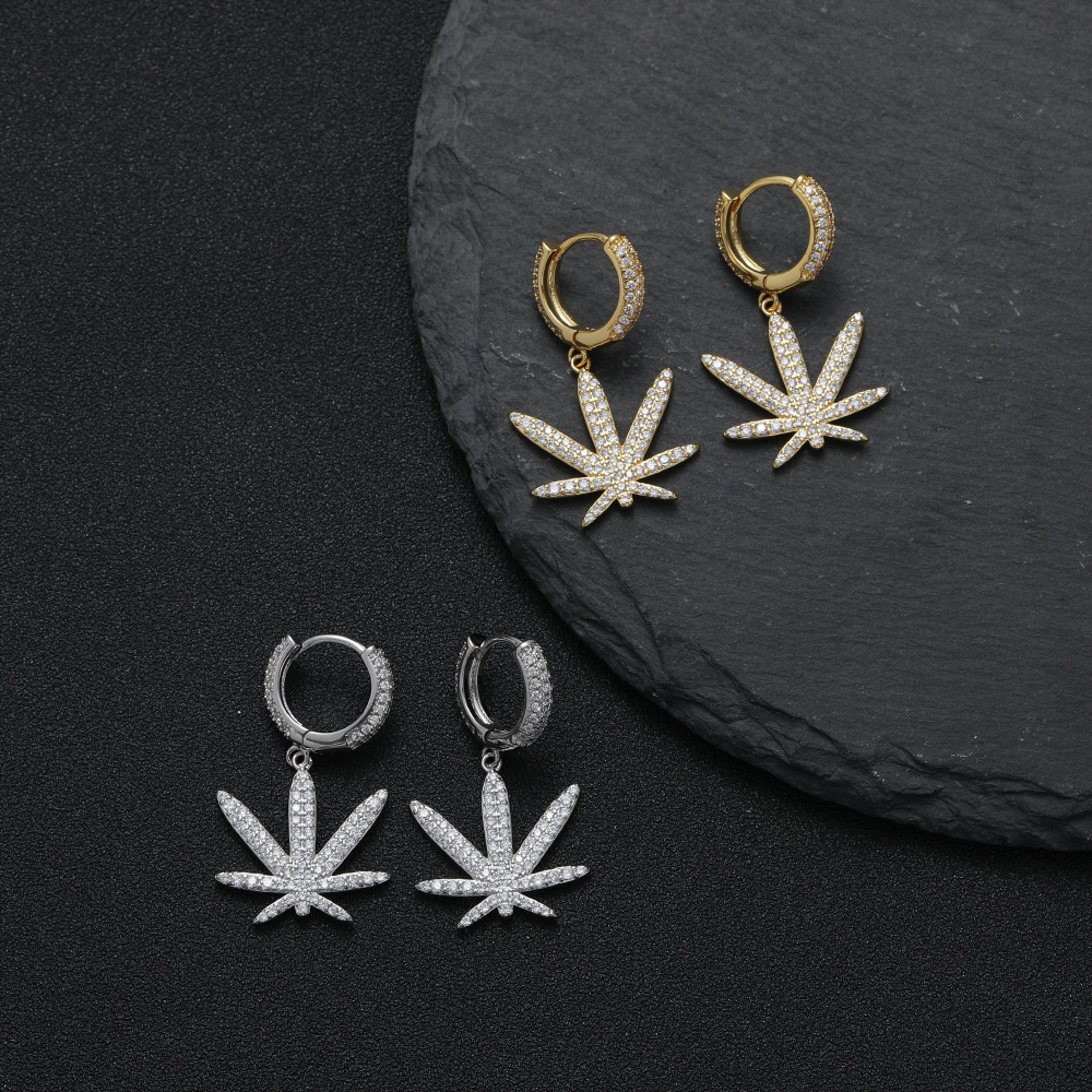 Leaf Shaped Zirconia Stud Earrings Hip Hop Personality Copper Jewelry For Men And Women  Style Fashion Accessories