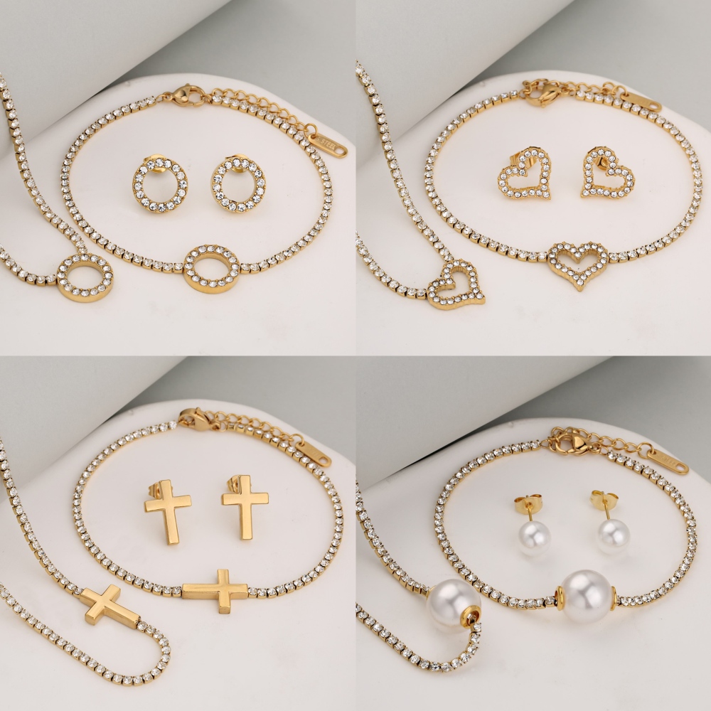 Stainless Steel Full Drill Jewelry Set Cross Circle Heart Shaped Vacuum Plating 18K Gold Dipped Water Diamond Accessories