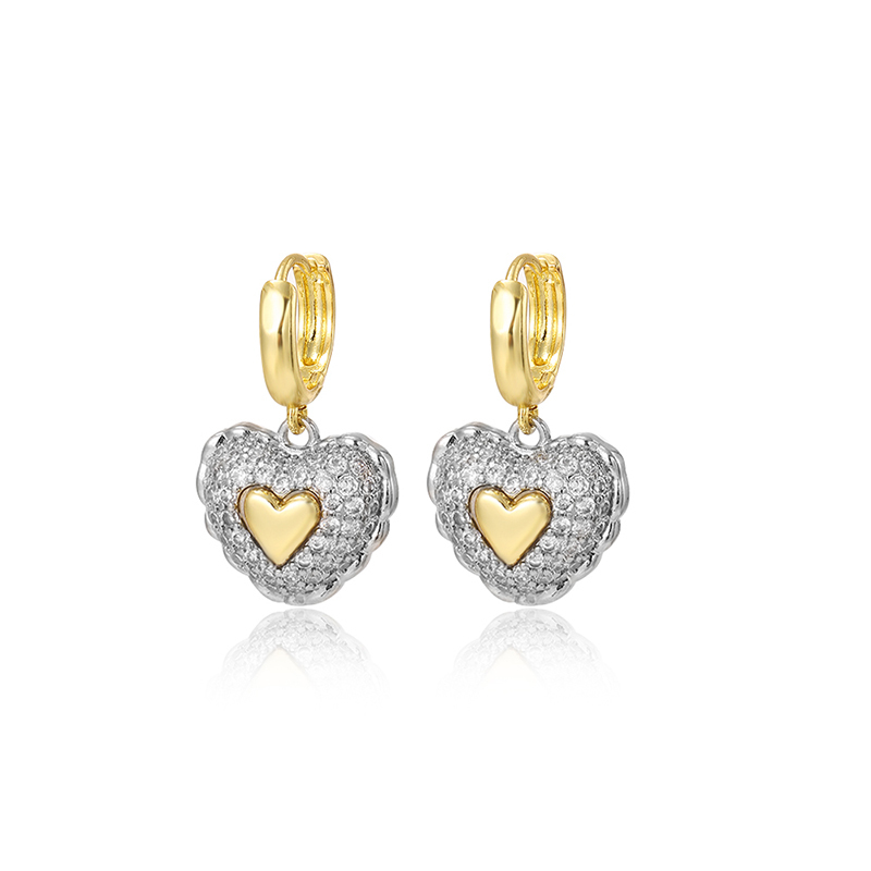 18K Gold Plated Smooth Color-Retaining Full Zirconia Two-Tone Heart-Shaped Dangle Earrings Ear Clips Ear Jewelry