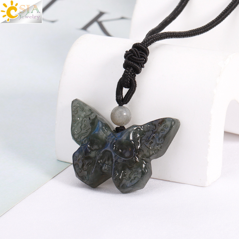 Elegant Retro Style Butterfly Natural Stone Rope Woven Chain Pendant Necklace Wholesale Carved Grimace Semi-Precious Crystal Halloween Theme Jewelry Accessories