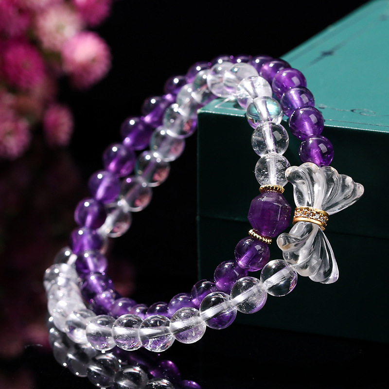 JD Jewelry Double Ring Bracelet Natural Amethyst White Crystal Bow Simple Style Fashion Sweet Style Women's Accessories
