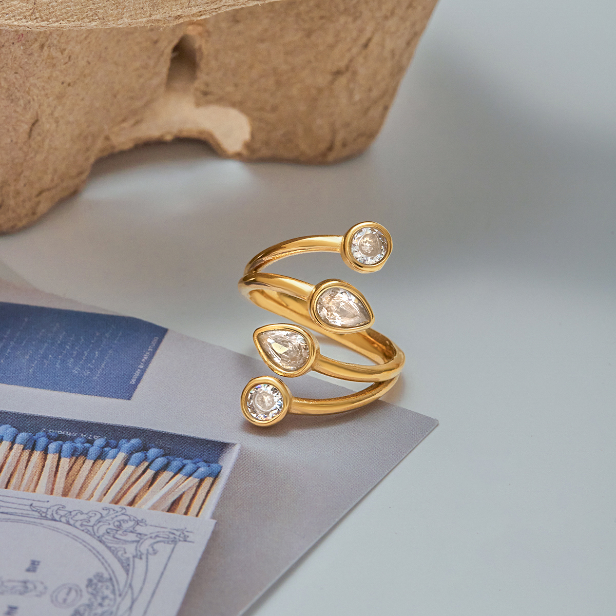 Ladies Minimalist Style Ring 18K Gold Stainless Steel Zirconia White Zirconia Waterdrop Round Open Ring Adjustable Size Travel Friendly