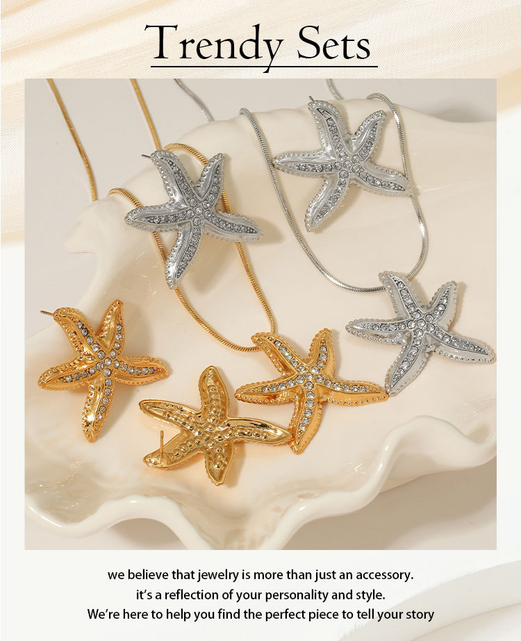 Real Gold Plated 316 Stainless Steel  Ion Plating (IP) Starfish Waterproof Non Tarnish Marine Style Beach Cable Chain Earrings Necklace For Women's