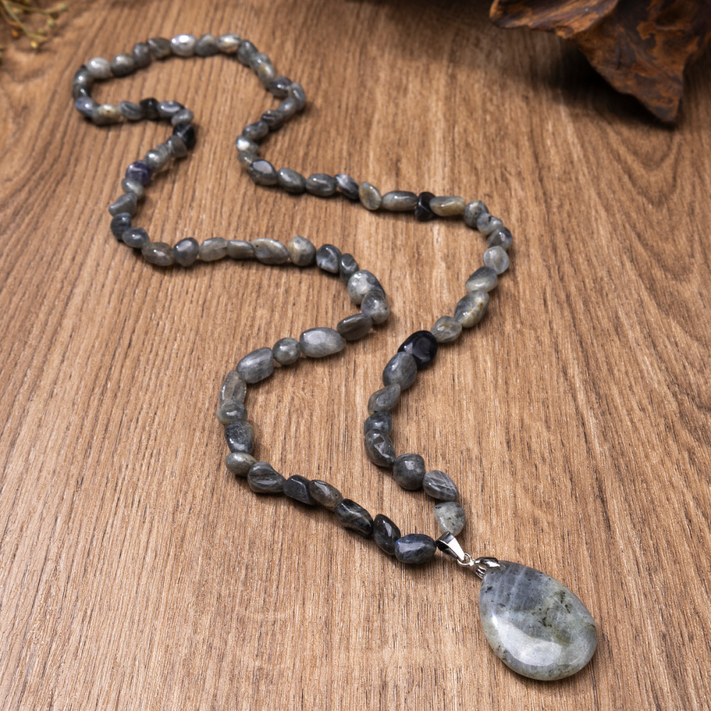 ZhouHang Natural Crystal Long Necklace Elegant Pendant Sweater Chain Amethyst Water Drop Earrings Jewelry Accessories