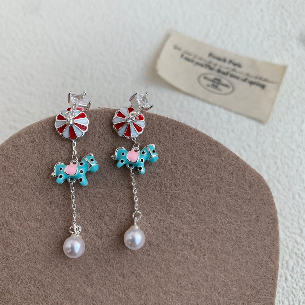 Creative Christmas Decorations Asymmetric Zircon Mini Umbrella Rotating Horse Pearl Earrings Jewelry Ear Studs For Women