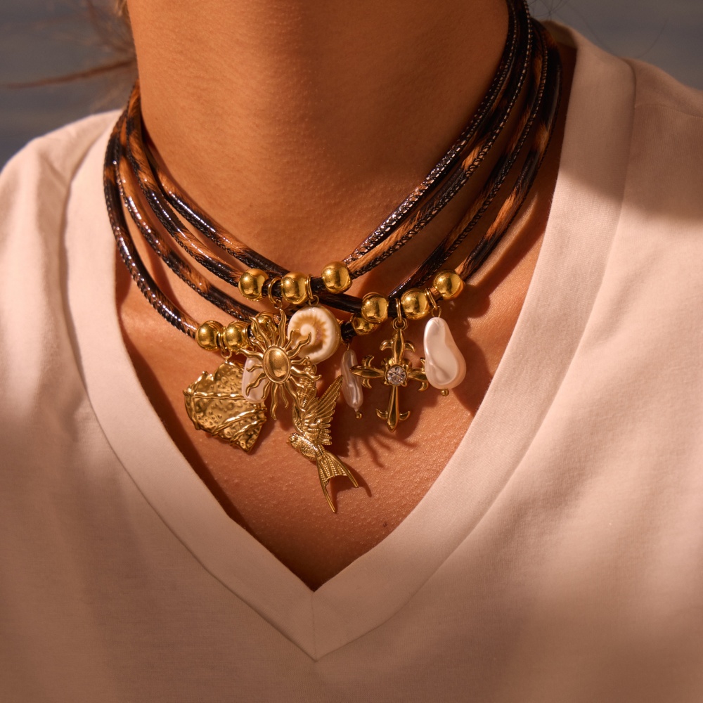 New Fashion Leopard Print Leather Stainless Steel Titanium Steel Sunbird Lobster Clasp Necklace Women's Jewelry Accessories