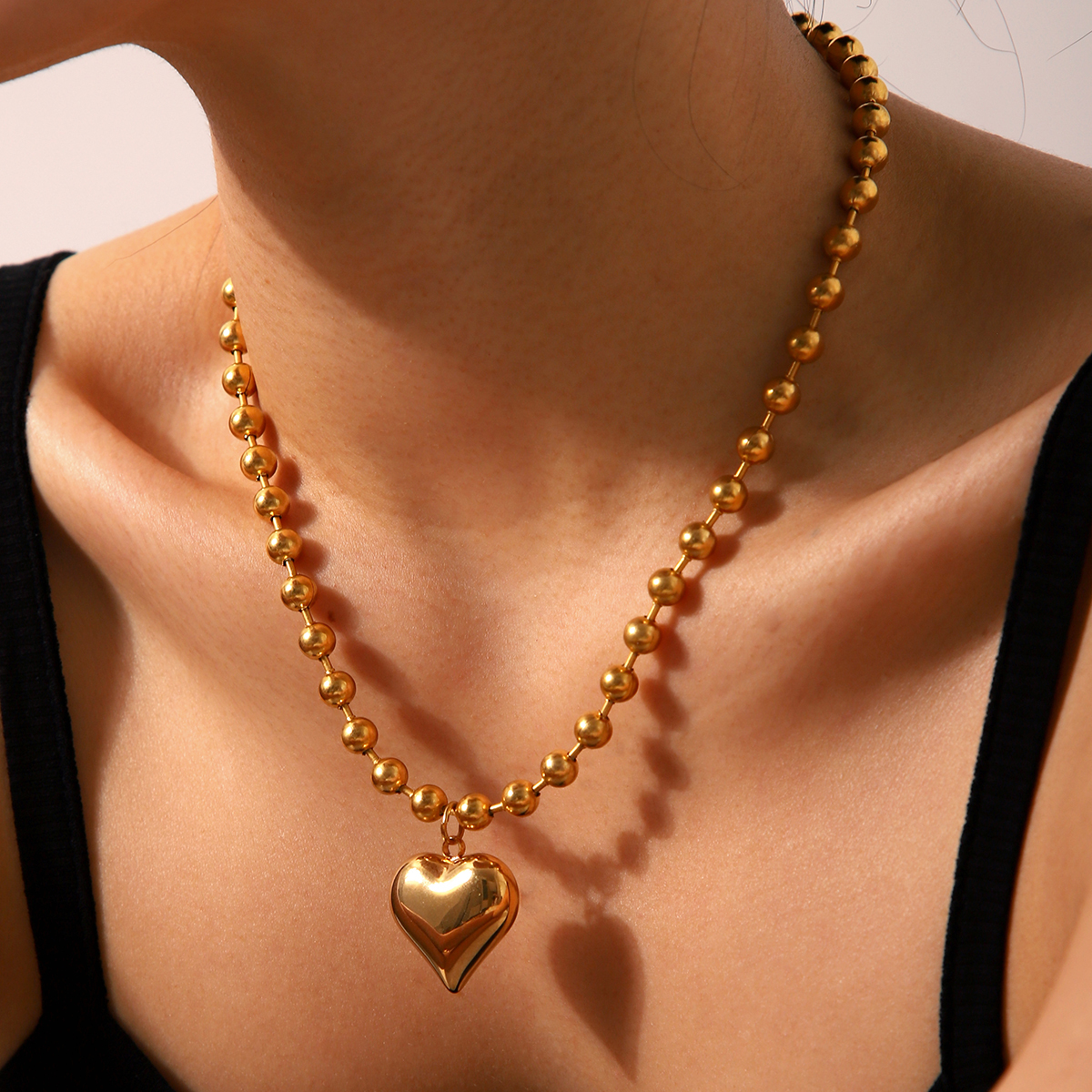 304 Stainless Steel Heart Shape PVD Coated 18K Real Gold Plated Classic Style IG Style Waterproof Non Tarnish Ball Chain Gold Pendant Necklace