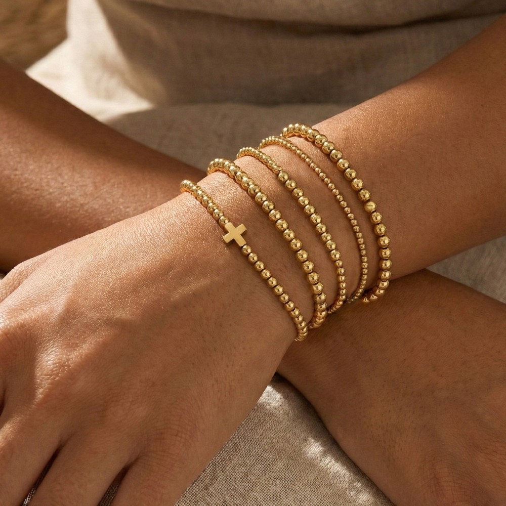 Gold Multi-layer Beaded Bracelet Simple Cool Stackable Round Beaded Bracelet Accessories Unisex