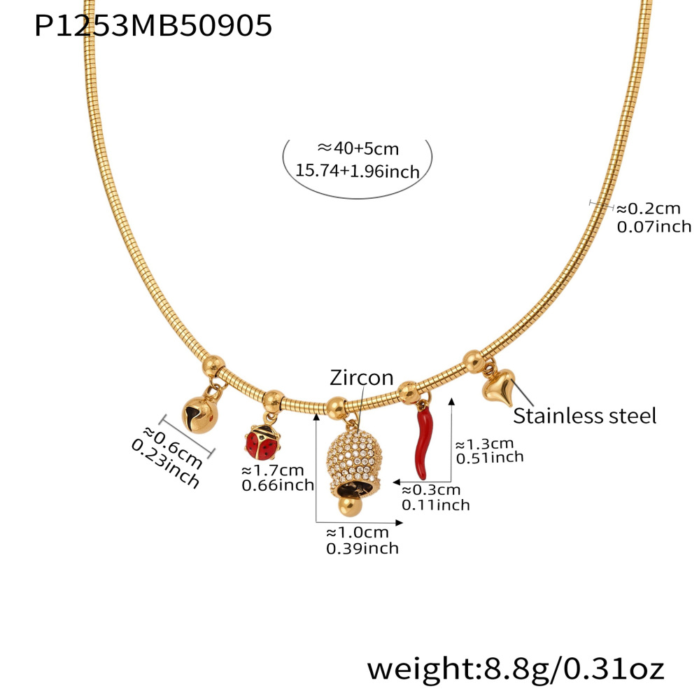 Stainless Steel Zirconia Pendant Oil Drop Red Pepper Ladybug Bee Bell Tassel Women's Necklace Unique Style Jewelry Accessories