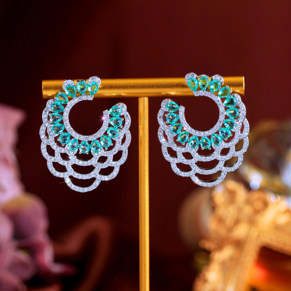 Women's Large Hoop Earrings Green Rhinestone Geometric C-Shape Drop Earrings Elegant French Copper Wedding Party Date Night Accessories