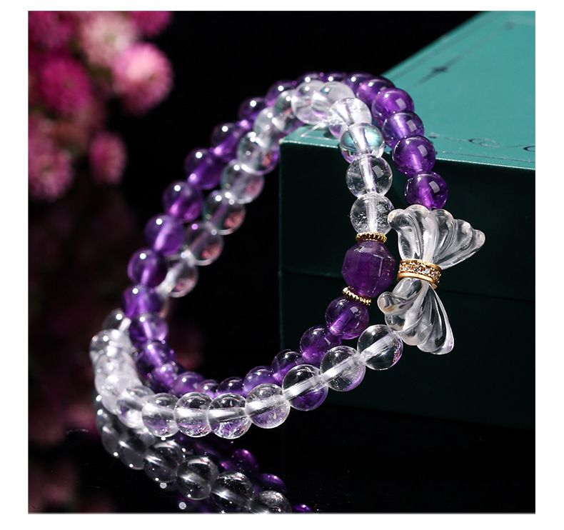 JD Jewelry Double Ring Bracelet Natural Amethyst White Crystal Bow Simple Style Fashion Sweet Style Women's Accessories
