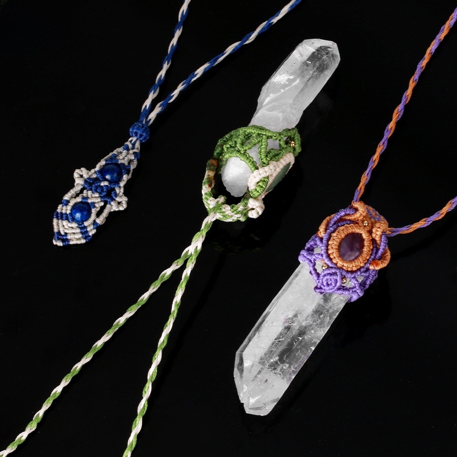 Natural Stone White Crystal Pendant Necklace Woven Rope Wrapped Oval Beads Unisex Jewelry CSJA Irregular Design Crystal Accessories