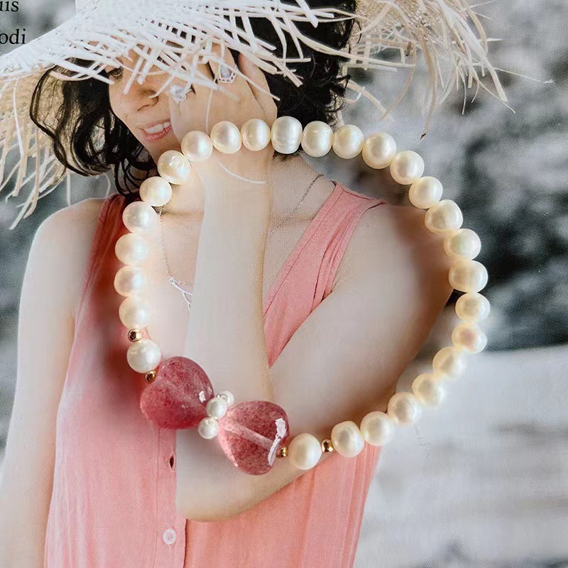 Pink Heart Shaped Freshwater Pearl Bracelet Women's Unique Strawberry Crystal Hand Chain Fashion Jewelry Accessories For Girls