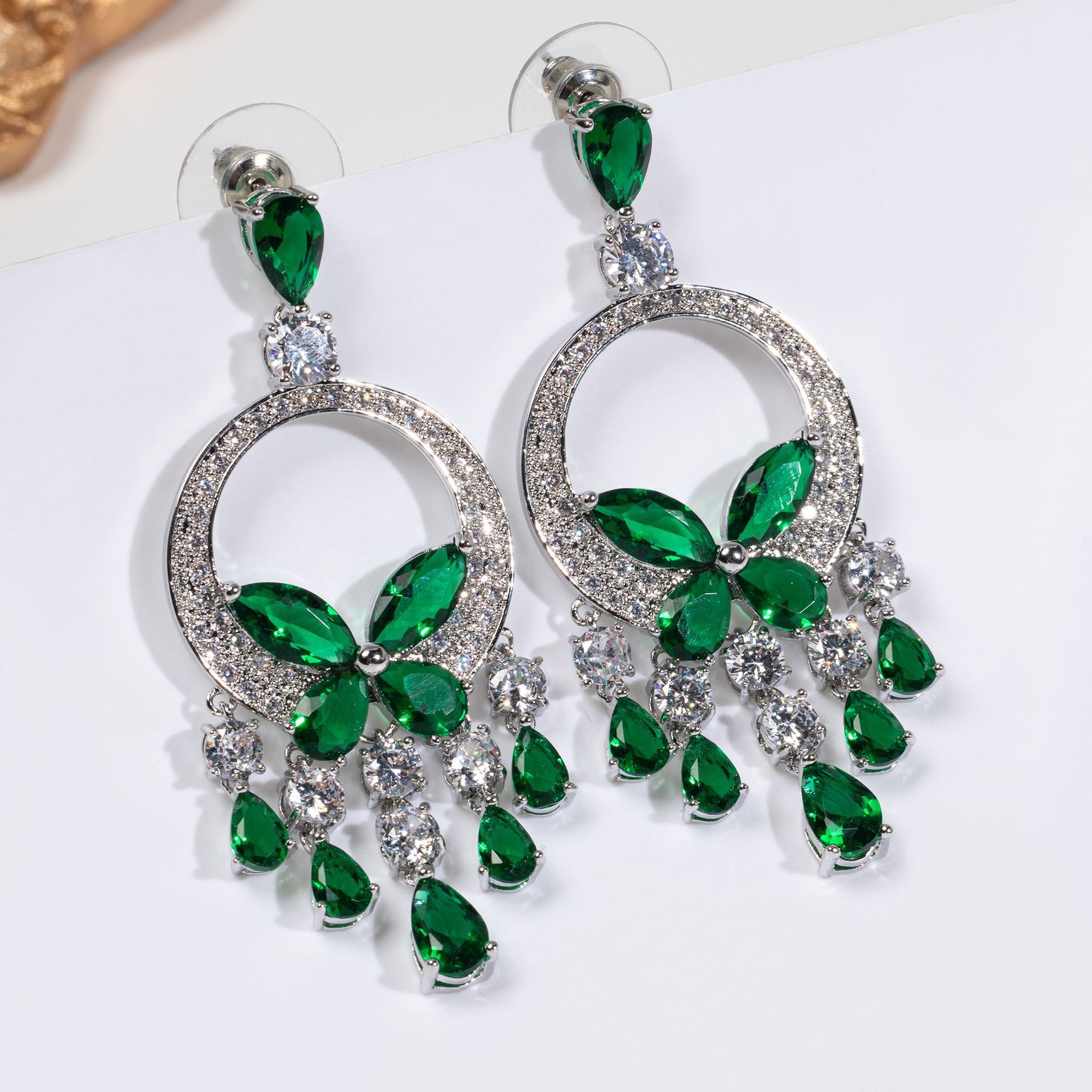 Elegant Simple Fashion Green Butterfly Tassel Heavy Work Zircon Dinner Party Dress Accessories Earrings Dangle Drop Earrings