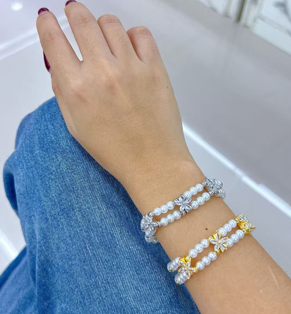 European And American Fashion Color-Retaining Electroplated Copper Imitation Pearl Zircon Flower Double-Layer Handmade Bracelet
