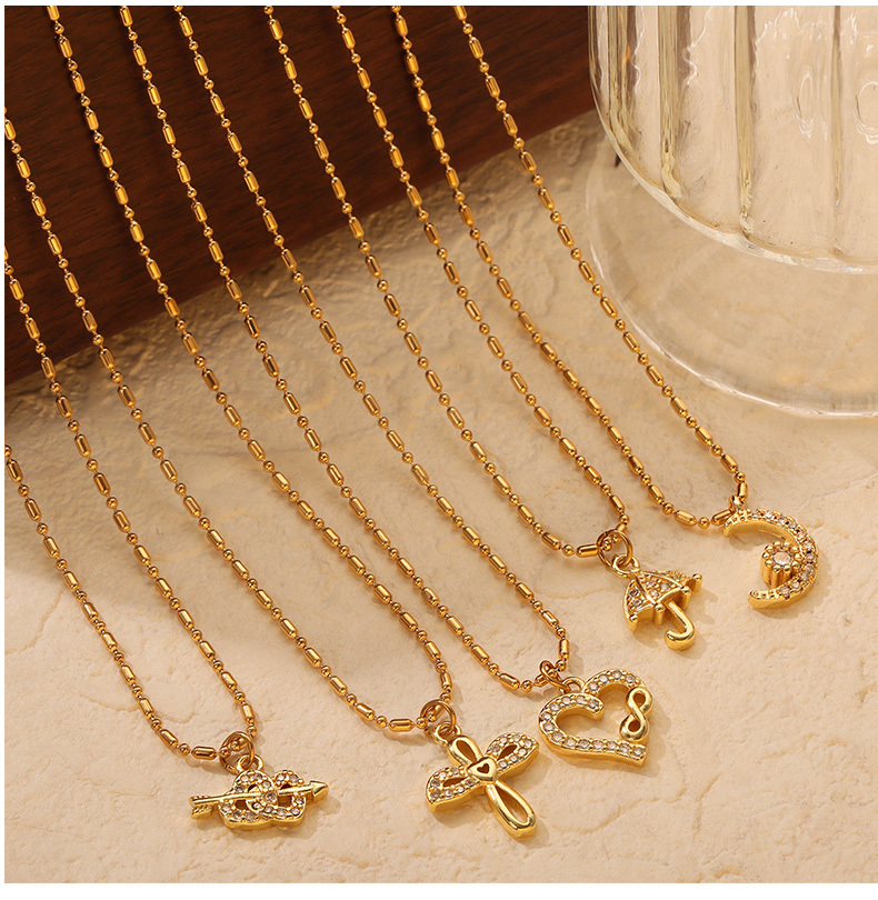304 Stainless Steel Copper Moon Heart Shape Umbrella PVD Coated Rhinestones Real Gold Plated Elegant Simple Style Classic Style Waterproof Non Tarnish Plating Inlay White Gold Pendant Necklace