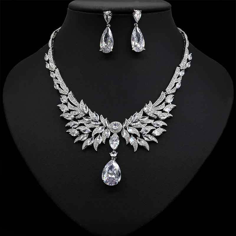 Zircon Jewelry Set Embedded Waterdrop Emerald Gem Necklace Earrings Oxidized Zirconia Ethnic Style Women's Fashion Accessories