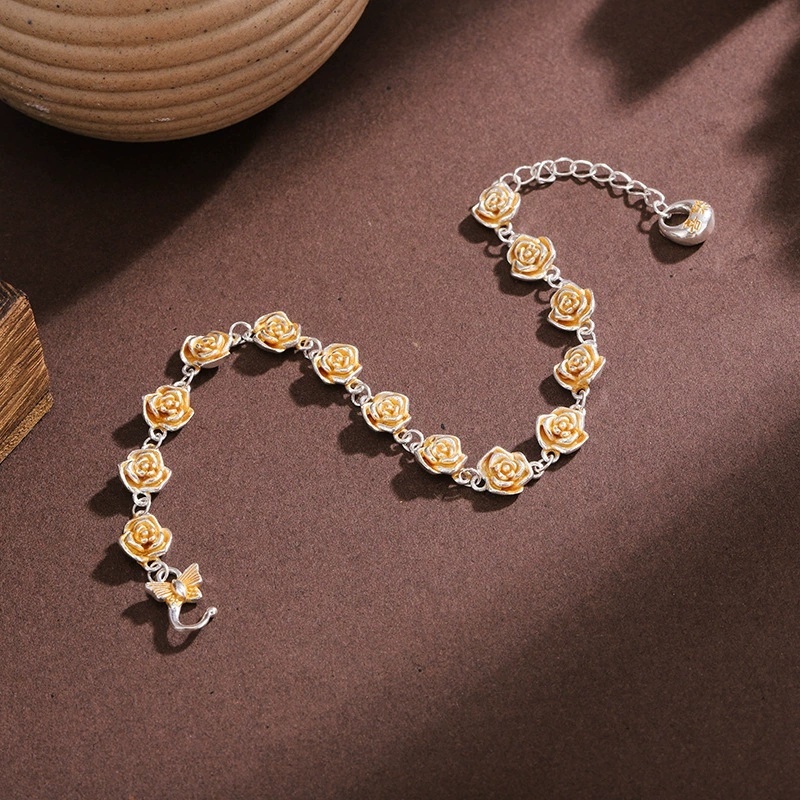 Silver-Plated Bracelet With Gold Rose Flower Geometric Pattern, Vintage Ethnic Style Joy Bracelet, National Trend Exquisite Versatile Fashion Light Luxury Gift For Girlfriend