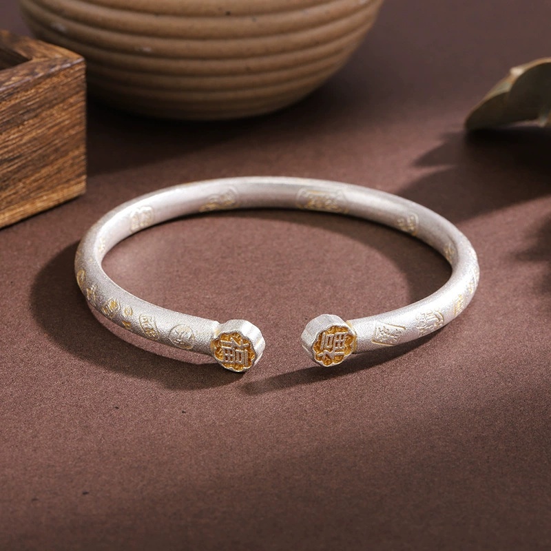 Vintage Ethnic Style Silver-Plated Gold-Embossed Bracelet Gold-Embossed Lucky Cat Open Bracelet Gold-Embossed Fortune Character New Chinese Style Bracelet Gift