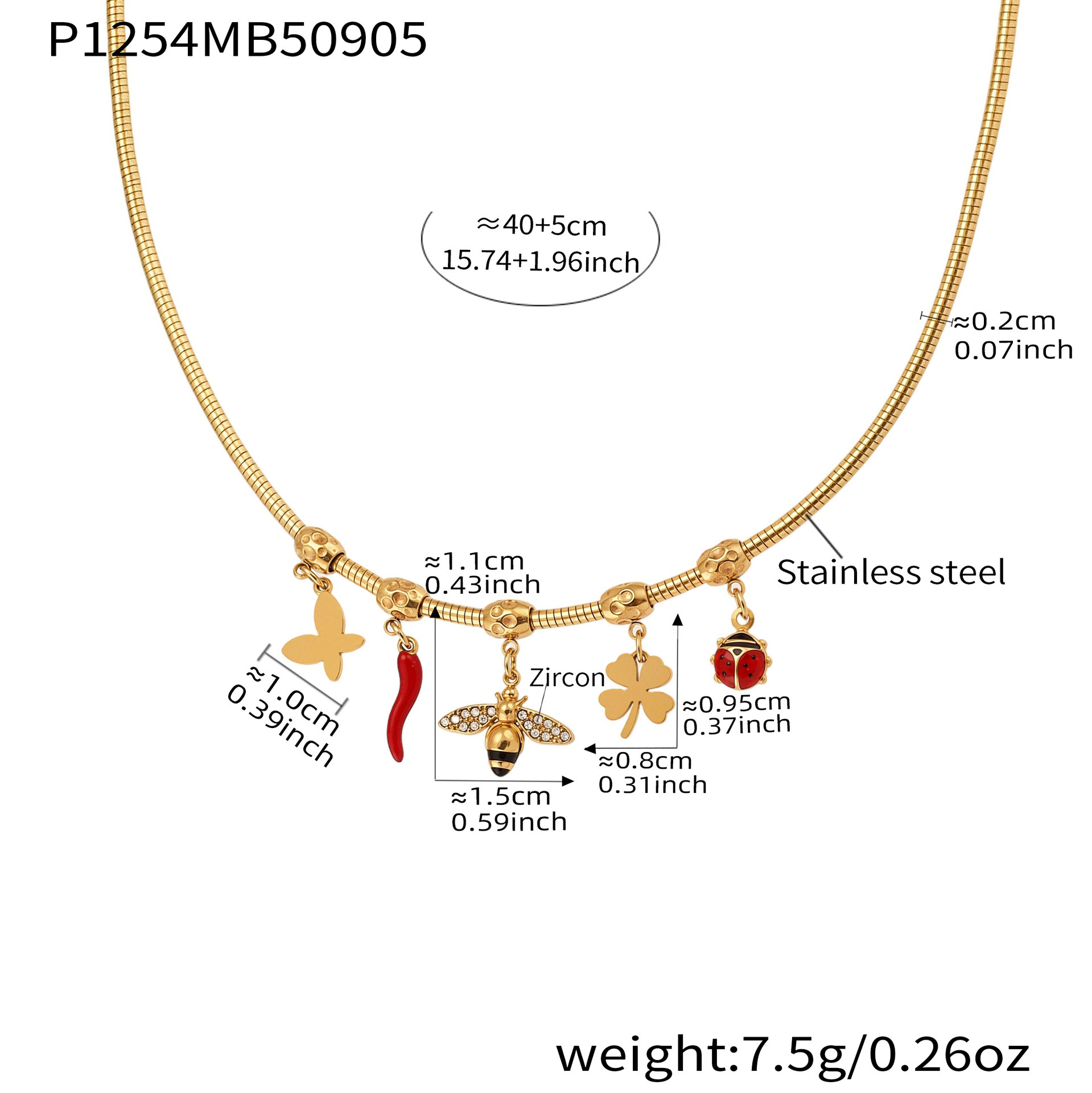 Stainless Steel Zirconia Pendant Oil Drop Red Pepper Ladybug Bee Bell Tassel Women's Necklace Unique Style Jewelry Accessories