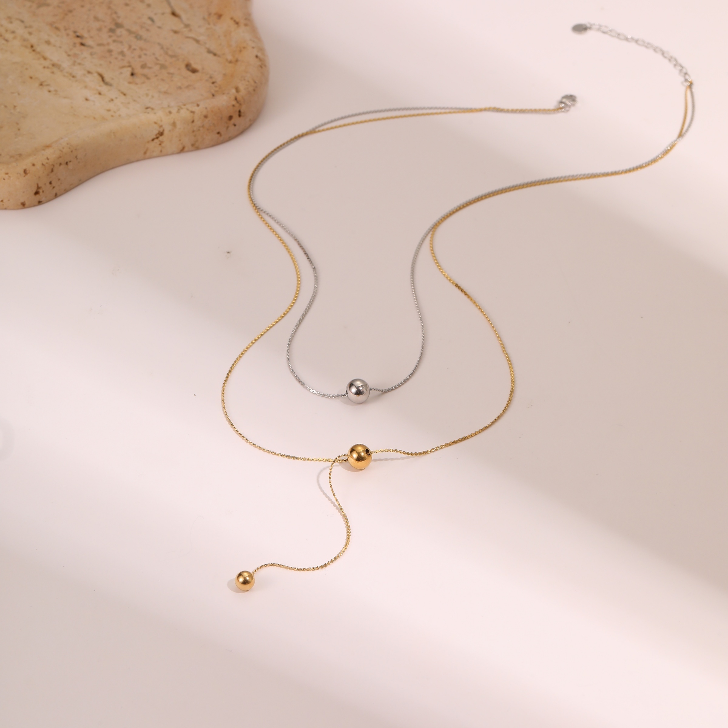 Fashionable Minimalist Double Layer Beaded Tassel Necklace Titanium Steel Non-Fading 18K Gold Plated Clavicle Chain Jewelry