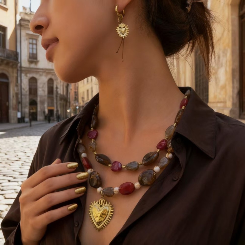 Acrylic Dark Heart Pendant Necklace Stainless Steel Heart Sun Earrings Vintage Accessories