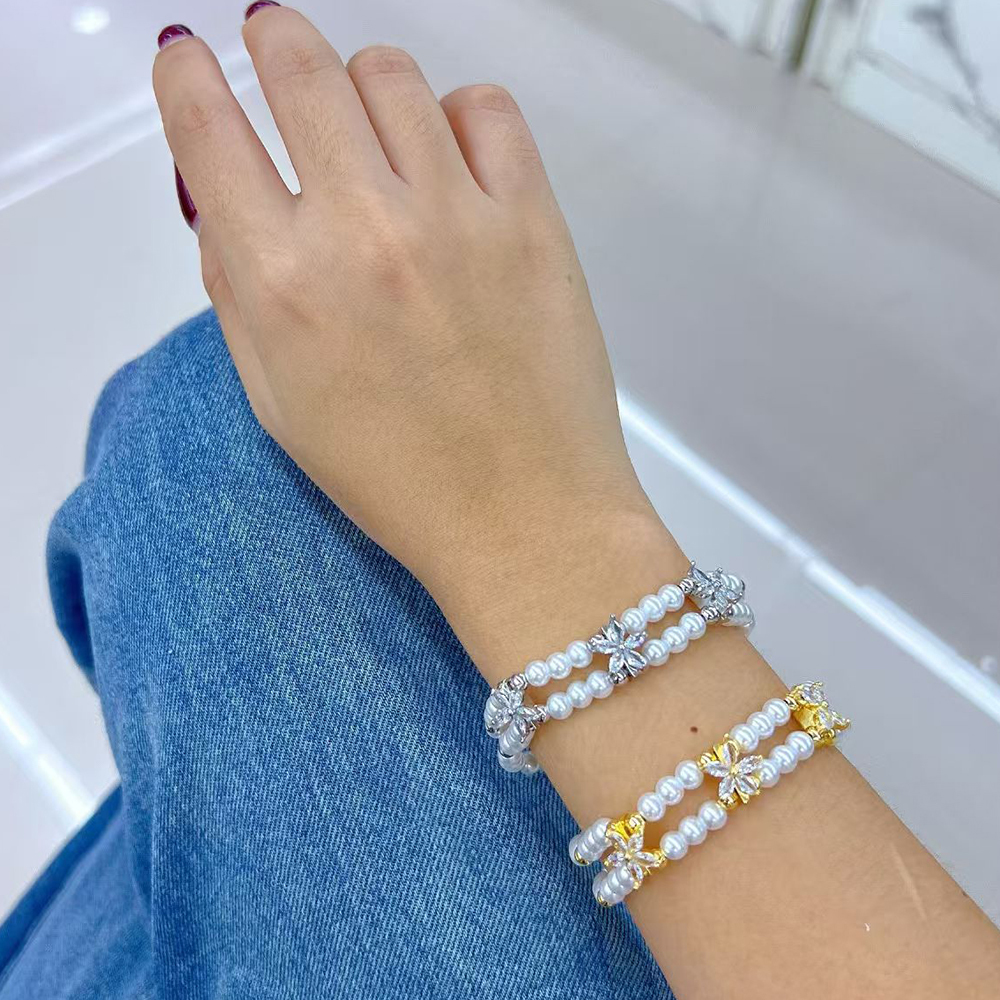 European And American Fashion Color-Retaining Electroplated Copper Imitation Pearl Zircon Flower Double-Layer Handmade Bracelet