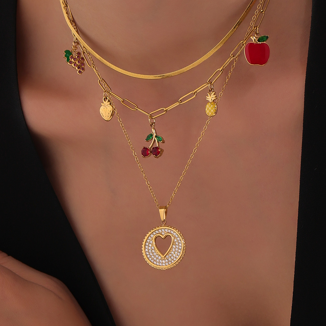 Stainless Steel DIY Fruit Pendant Necklace Round Hollow Heart Zirconia Cherry Grape Pineapple Design Jewelry For Women Lobster Clasp