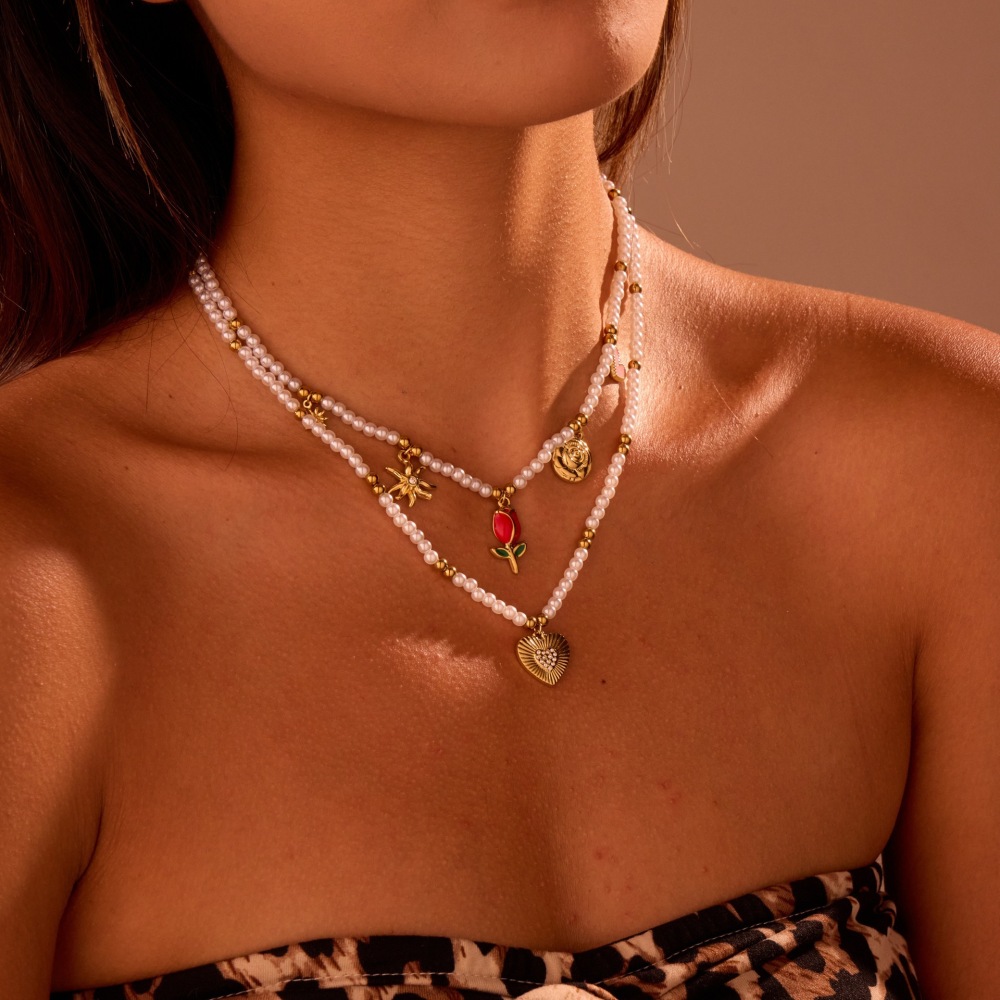 Fashionable Versatile Heart Shaped Necklace With Small Beads Luxury Feelings Jewelry Accessories For Women Geometric Pattern Stainless Steel