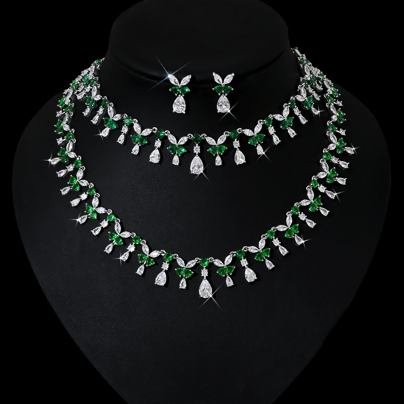 Luxurious Wedding Party Drop Earrings Pendant Necklace Set Casual Versatile Three-piece Copper Zirconia Jewelry For Women