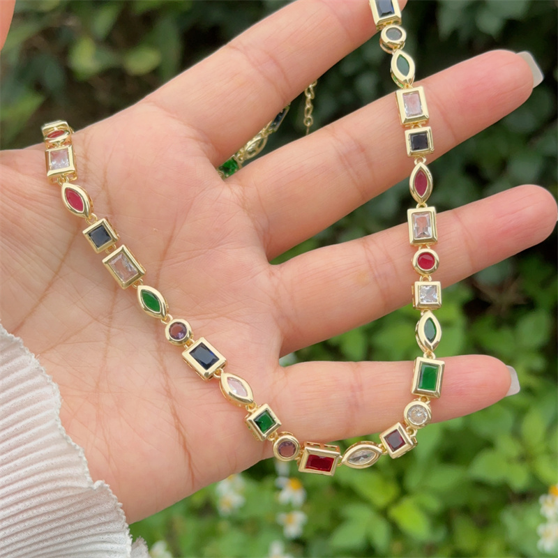 Wholesale Jewelry Classic Style Geometric Copper Zircon 18K Gold Plated Bracelets Necklace Jewelry Set Italian Charm & Links