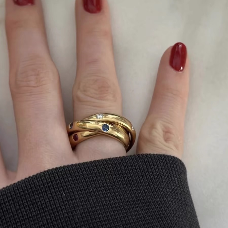 Fashionable Retro Three- Ring Geometric Pattern Ring For Women Classic Color Gemstone Rings Elegant Personality New Style