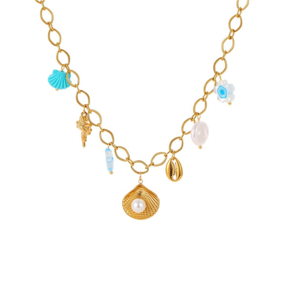 Fashionable Holiday Star Flower Pendant Pearl Embedded Shell Stainless Steel Necklace Clavicle Chain Geometric Pattern Bohemian Style Women's Luxury PVD Coating