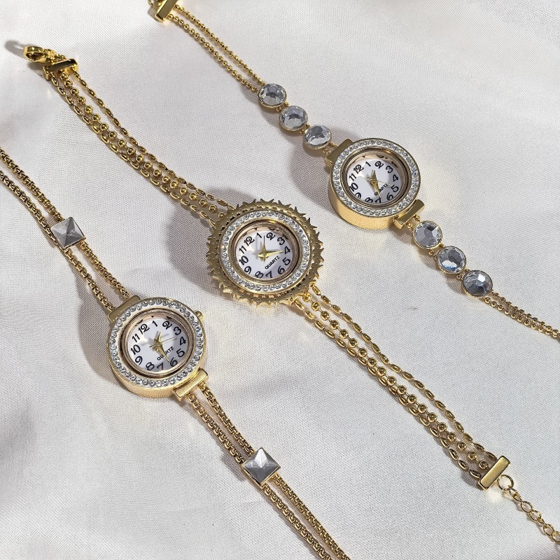 304 Stainless Steel Diamond-Inlaid Unisex Electronic Watch Bracelet Gold Round Pattern Crystal Pendant Chain Accessories