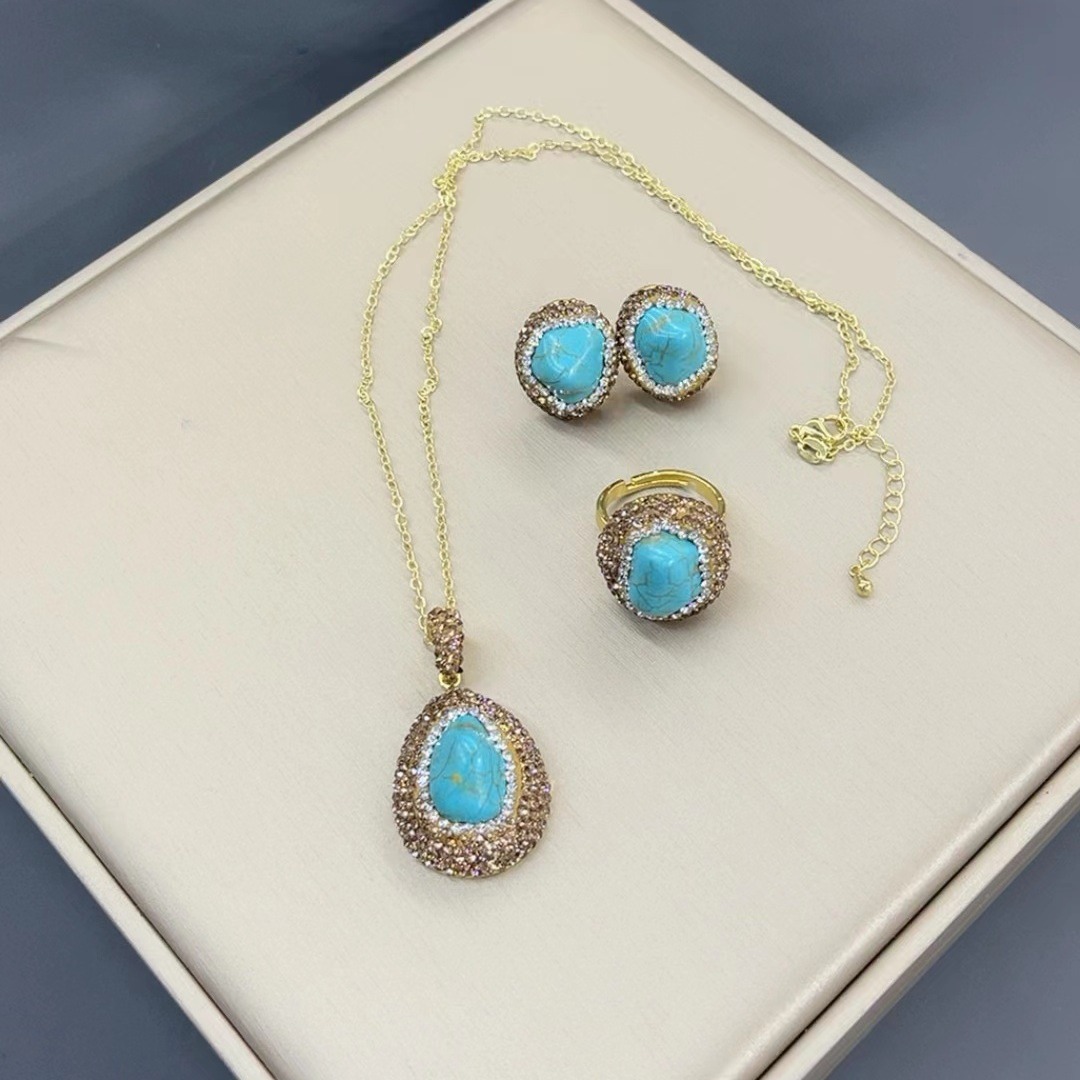 New Natural Turquoise Set  Style Vintage Necklace Earrings Ring Bracelet Jewelry Accessories