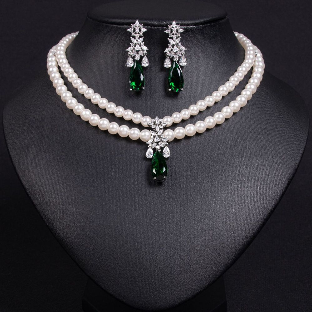 Double Layer Pearl Zircon Necklace Set With Waterdrop Earrings For Banquet Dresses  Style Jewelry Accessories