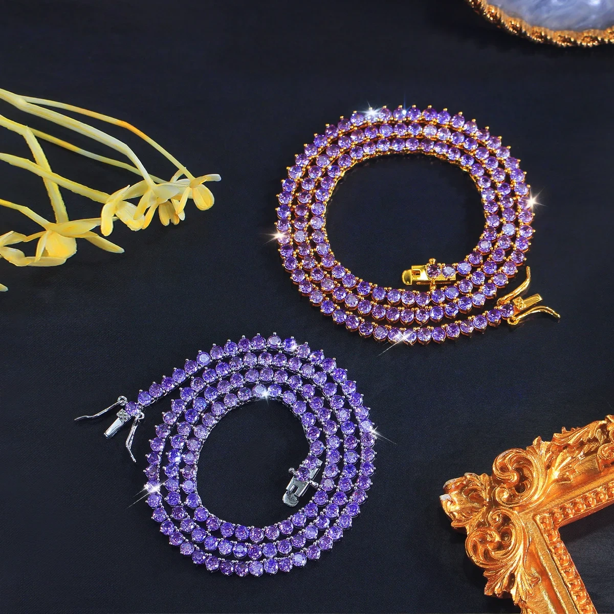 Copper Material Water Plated Rhodium Inlaid Purple Round Zircon Geometric Pattern (Jewelry) Waterproof Non-Fading Butterfly Clasp Women's Wedding Full Diamond Tennis Necklace