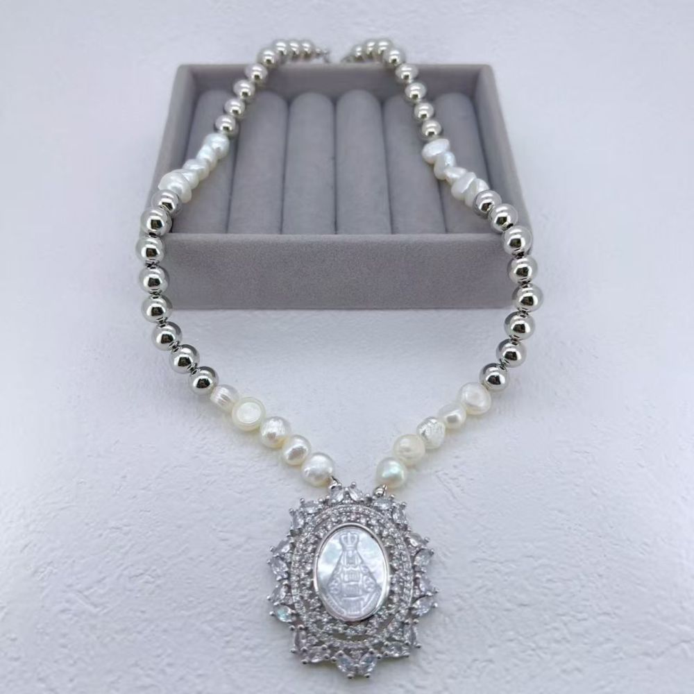 European And American Hot-Selling Color-Retaining Electroplated Micro-Inlaid Zircon Shell Virgin Mary Cross Acrylic Pearl Copper Simple Style Lobster Clasp Necklace