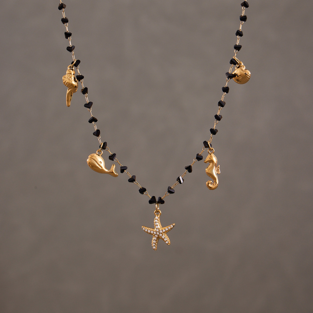 Stainless Steel Starfish Zircon Crystal Stone Beach Vacation Style Necklace Gold Plated DIY Multi Pendant Jewelry Accessories