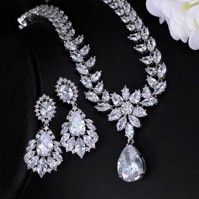 Banquet Birthday Date Copper Women's Zircon Silver Rhodium Plated Water Droplets Flower Jewelry Set