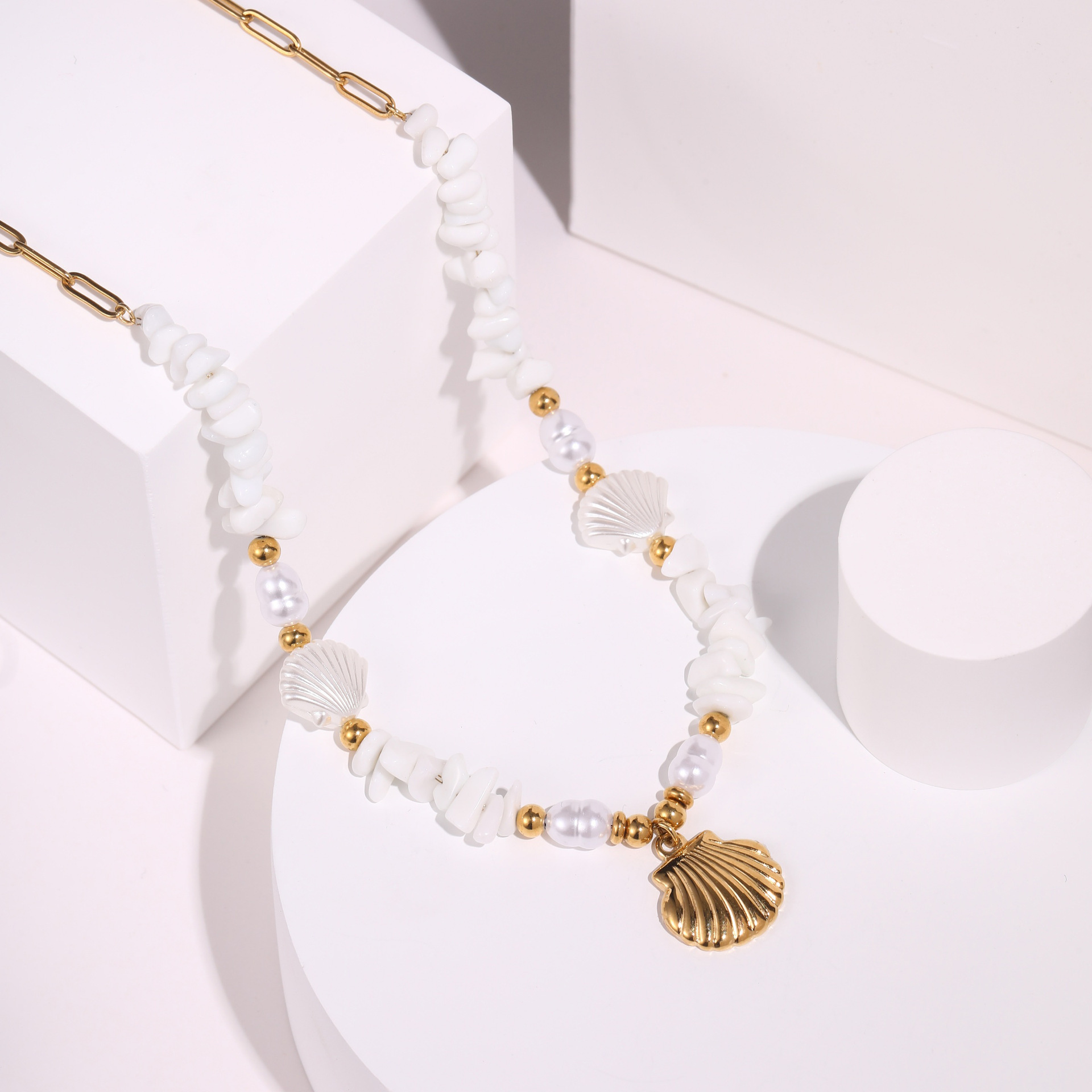 Stainless Steel Starfish Shell Pendant Necklace Colorful Electroplated Real Gold  Holiday Style Women's Jewelry