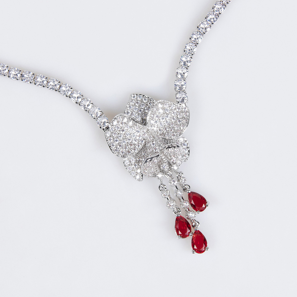 Elegant White Zircon Flower Earrings Necklace Set Bridal Jewelry Fashionable Luxury Copper Accessories For Women