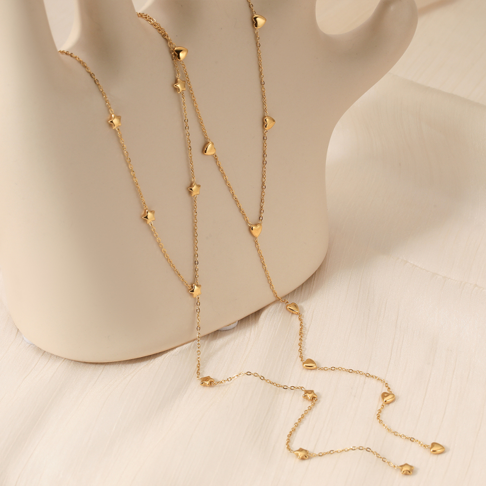 Elegant Long Y-shaped Vacuum Plating (In Furnace) Real Gold Plated 304 Stainless Steel Heart And Star Pendant Necklace Women's Fashion Daily Commuting Accessories