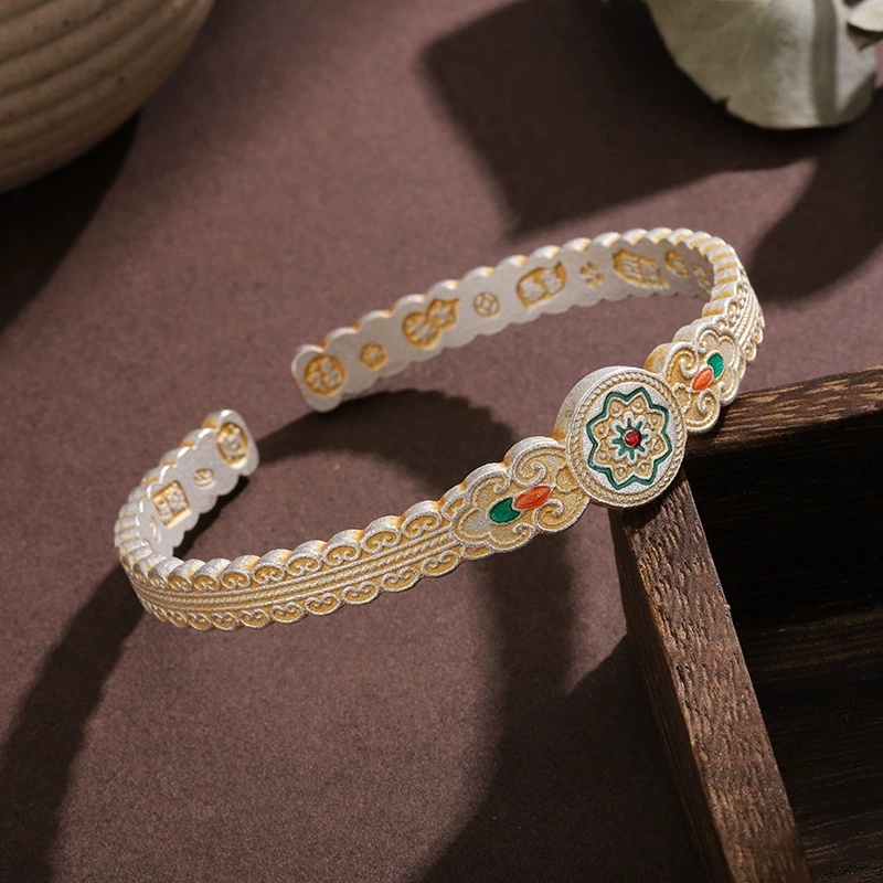 Vintage Ethnic Style Silver-Plated Bracelet With Gold Enamel Ruyibao Xianghua Auspicious Inscriptions Open-Ended Bracelet Copper Universal Electroplated Geometric Pattern National Trend Girlfriend