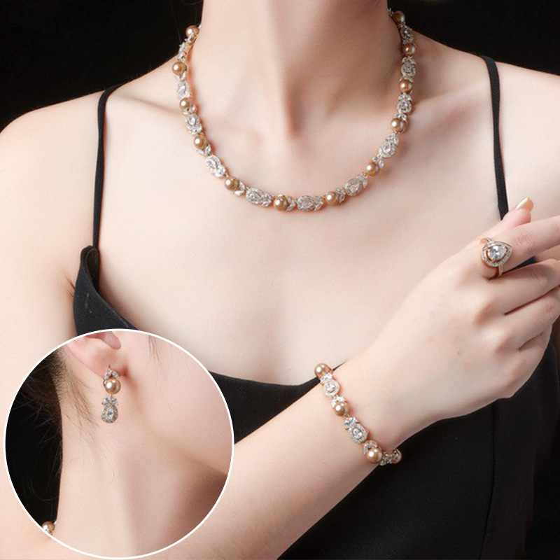 Wedding Jewelry Set Shell Pearl Necklace Earrings Women Four-Piece Set Vintage Style Zircon Embedded Heart/Droplet/Bell Patterns