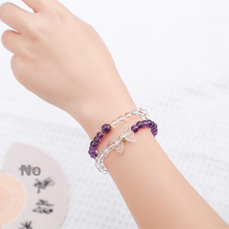 JD Jewelry Double Ring Bracelet Natural Amethyst White Crystal Bow Simple Style Fashion Sweet Style Women's Accessories